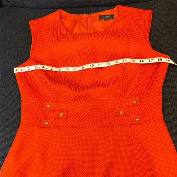 Structured Dark Orange Midi Sheath Dress with Gold Button Waist Detail-Size 8 - Picture 10 of 15